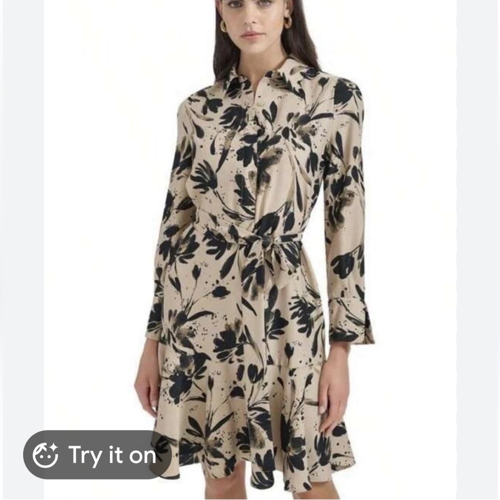 Marc New York Tie-Waist Floral Shirt Dress in Beige and Black Sz 16P NWT